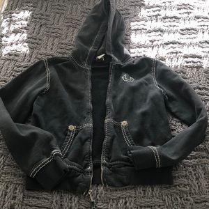 True religion distressed zip up hoodie